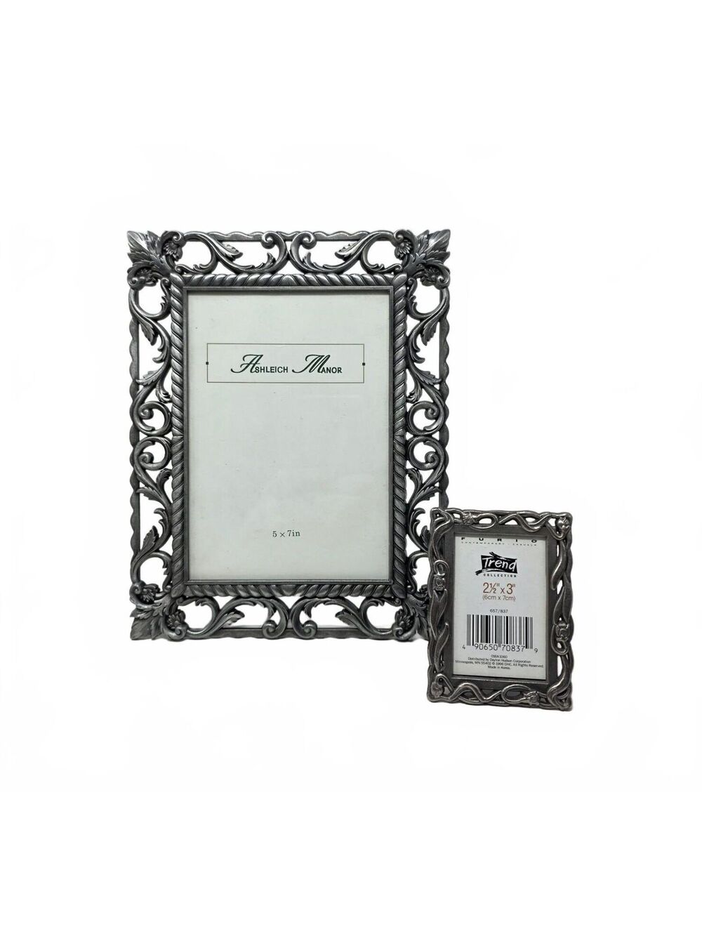 Ornate Silver Tone Picture Frame Pair | 5x7 and 2.5x3 Tabletop Frames